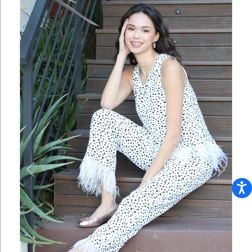 2 piece Eva Franco feathered Gianna  polka dot  pant suit